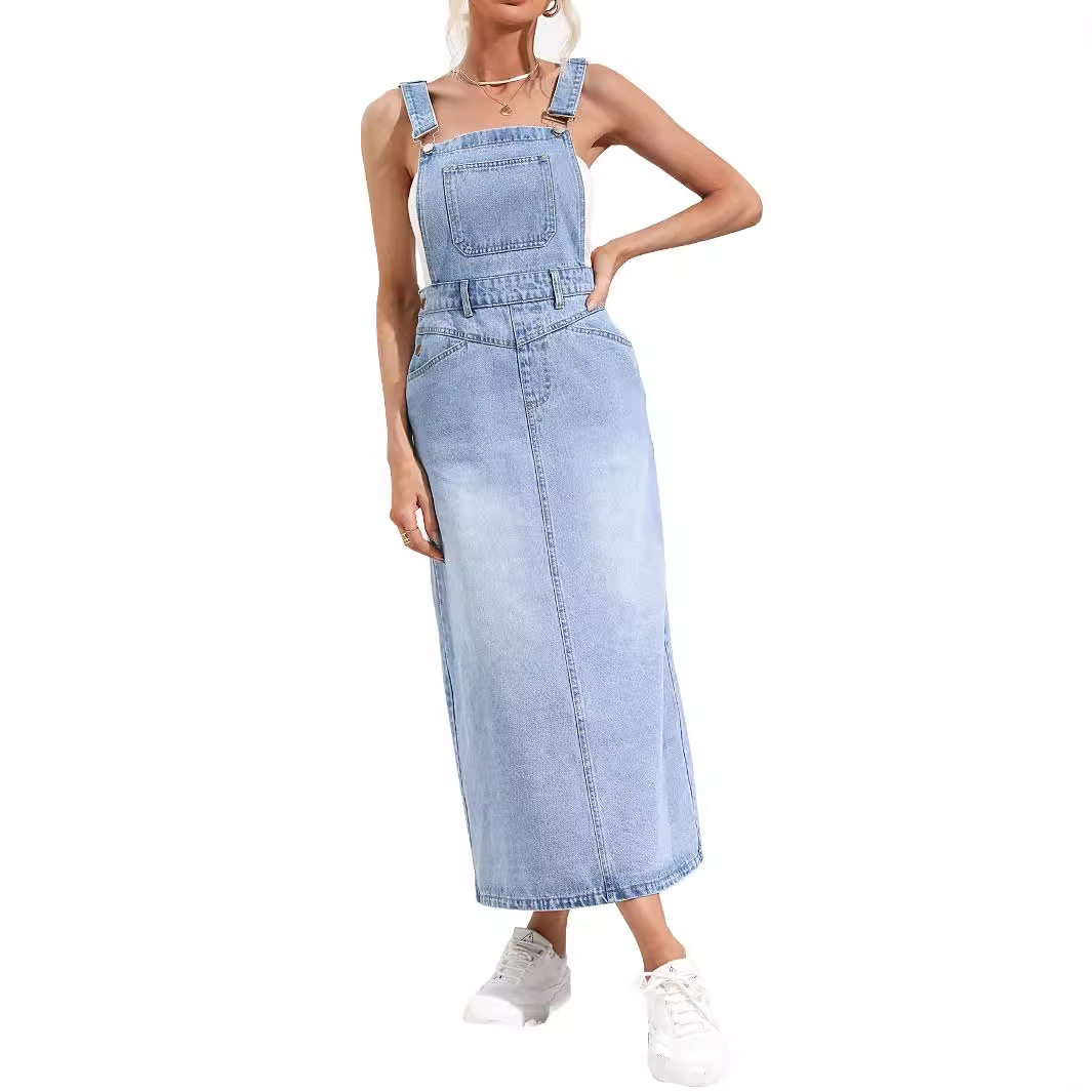 Denim Midi Dress Waist Defining Sleeveless Trendy Design Casual Wear for Summer Wholesale Available