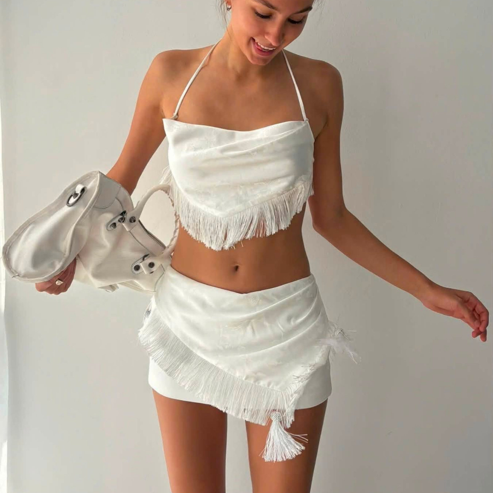 French Style Womens Summer Set Halter Neck Tassel Top Bodycon Skirt Elegant Occasion Wear Wholesale Available
