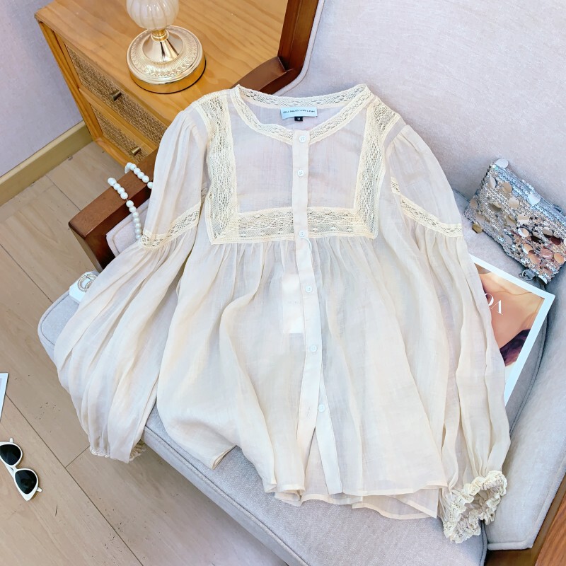 Áo sơ mi nữ tay bồng phối ren màu kem dáng rộng — Màu kem, Phúc Nhụy Bạch