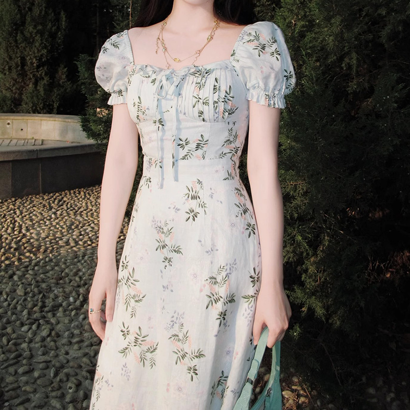 Đầm linen in hoa phong cách Pháp cổ vuông tay phồng dáng chữ A — Riviera của Nice