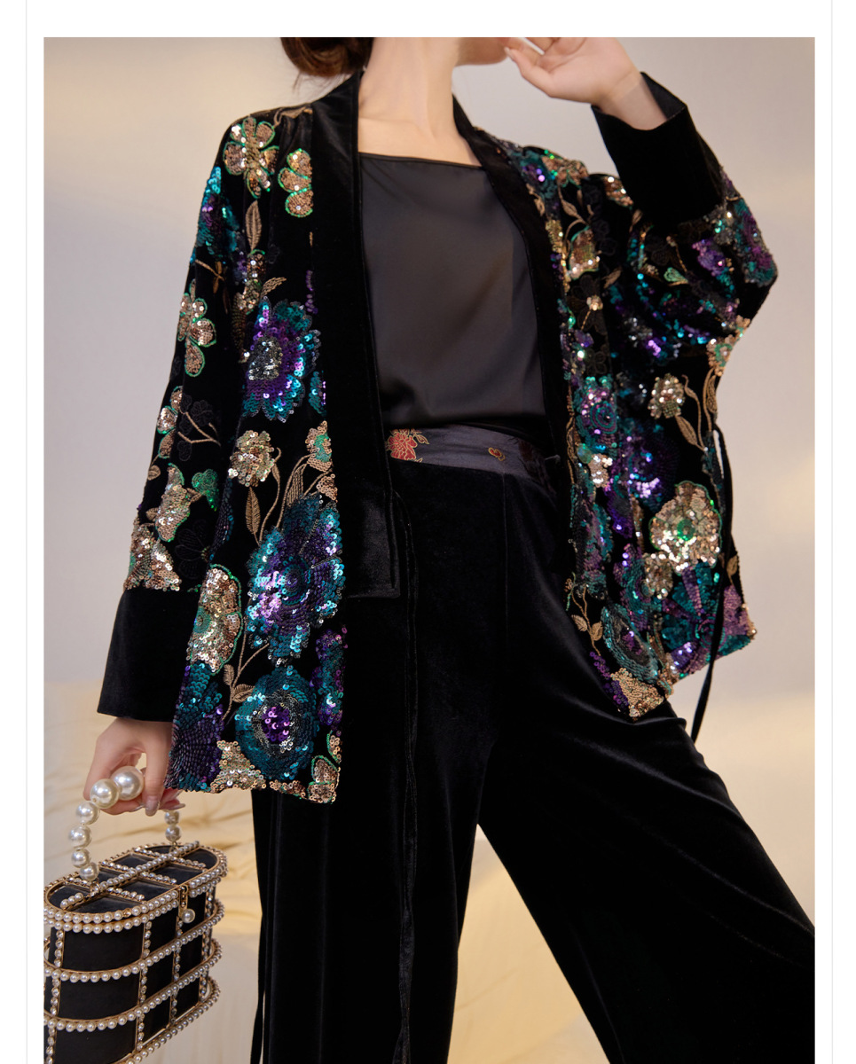 Áo khoác nữ thêu hoa đính sequin dáng ngắn cổ chữ V — Iris tím (giao hàng trong 7 ngày), Iris tím (phát hành cùng ngày)