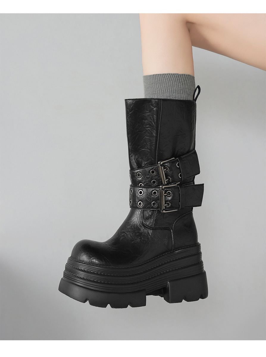 Boot nữ cổ trung đế xuồng cao 10cm khóa thắt lưng da bò — Lớp lót nhung đen, Màu đen một lớp