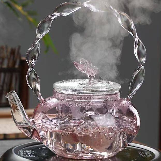 Pink Butterfly Glass Teapot for Brewing Tea, Electric Ceramic Stove Glass Teapot, High-Temperature Resistant Teapot, High-Value Fairy Teapot