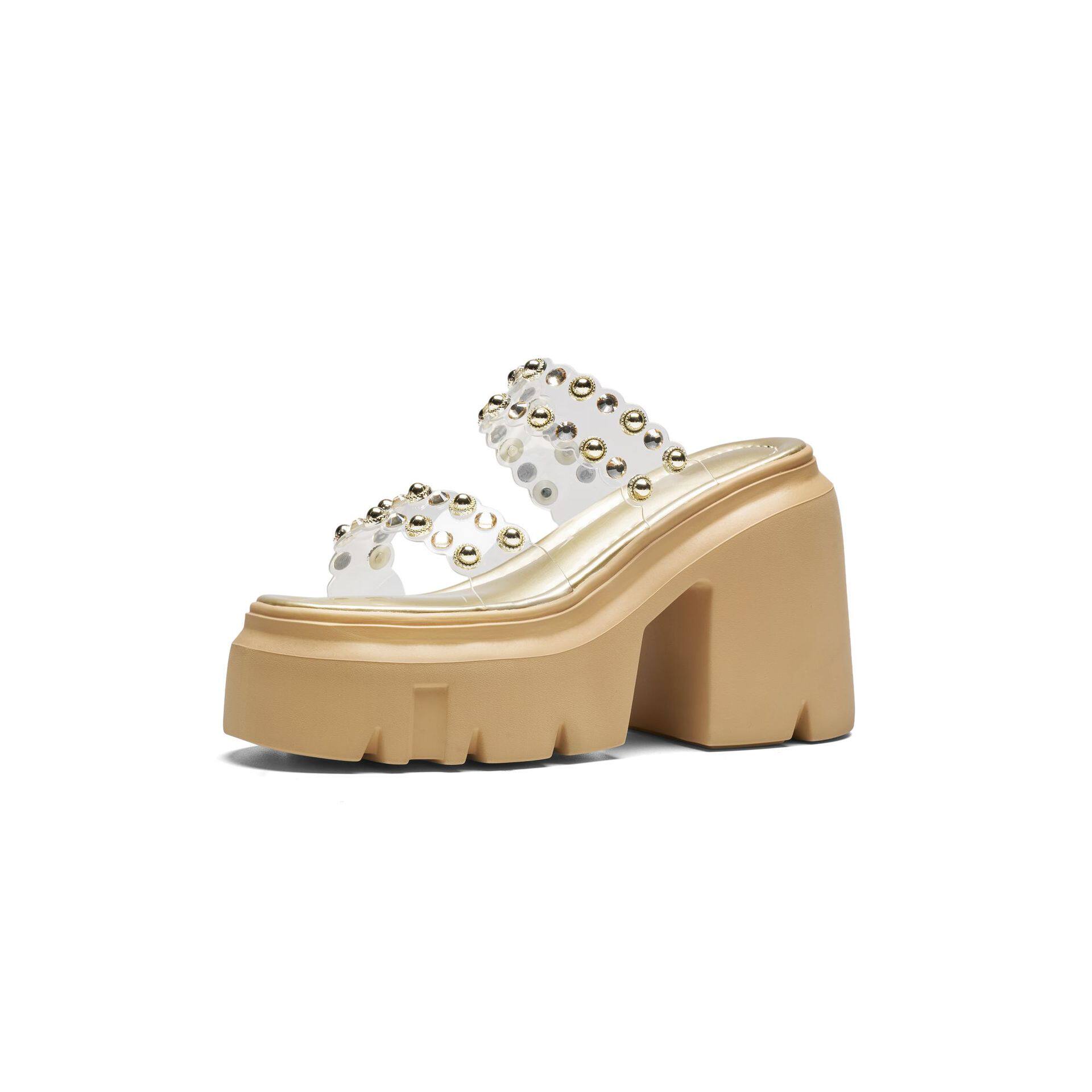 Sandal cao gót nữ đế dày 12 cm quai ngang đính đá, mũi hở, gót vuông — [Trắng kem], [Vàng nhạt]