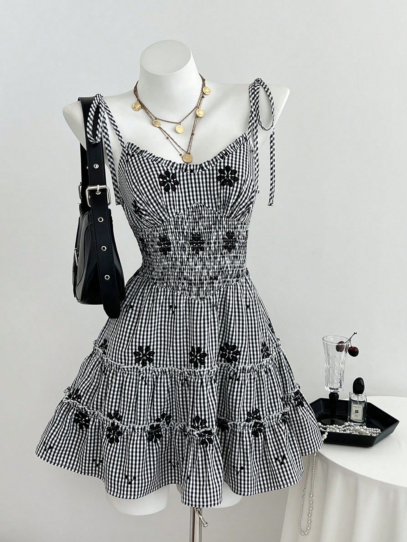 Summer Plaid Ruffle Hem A Line Dress Waist Defining Elegant Lightweight Fabric Perfect for Casual Outings Ready to