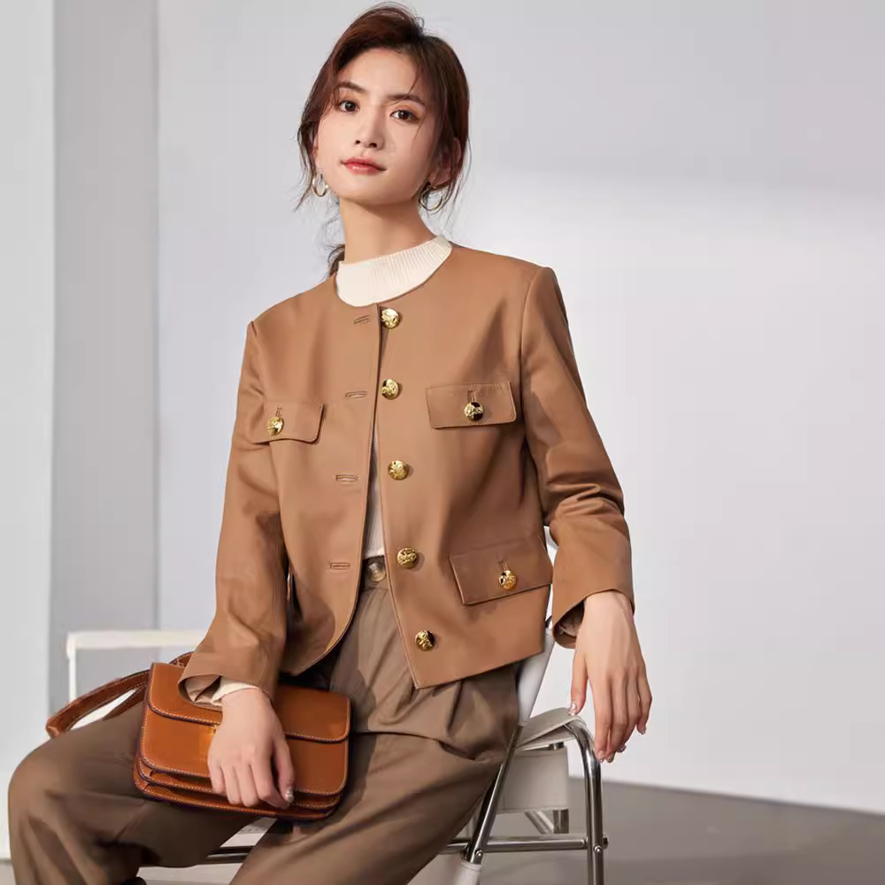 Áo khoác da cừu nữ dáng ngắn cổ tròn hàng cúc — Màu đen, Màu Kaki