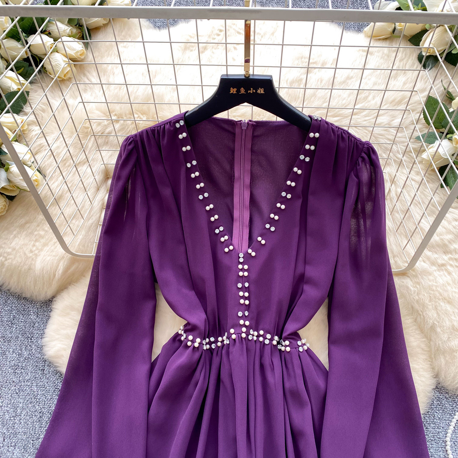 Korean Style Beaded Sexy Dress Purple V Neck Slim Fit Long Length Summer Casual Wear Wholesale Available