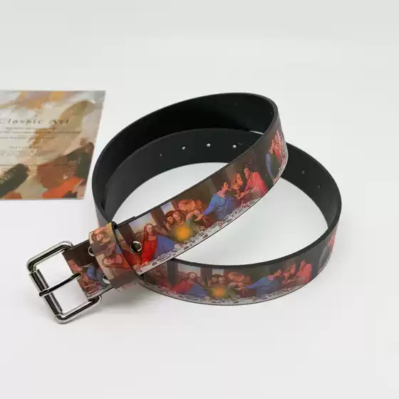 Trendy Brand Oil Painting Belt Last Supper Time Vintage Style High Street Microfiber Leather Belt Fashion Unisex Belt