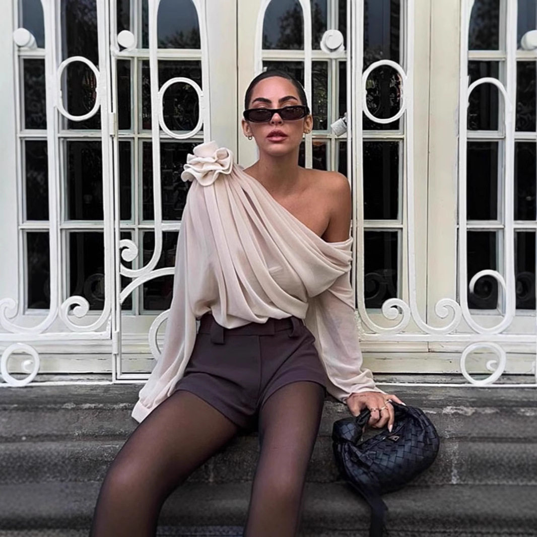 Womens Long Sleeve T Shirt Sheer Mesh Floral Decoration Asymmetrical Shoulder Trendy Street Style Wholesale