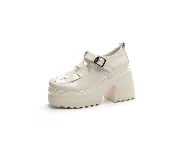 Giày Sandal Cao Gót Nữ Quai Mary Jane Da Bóng Đế Bánh Mì Gót Cao 8cm Màu Đen, Kem