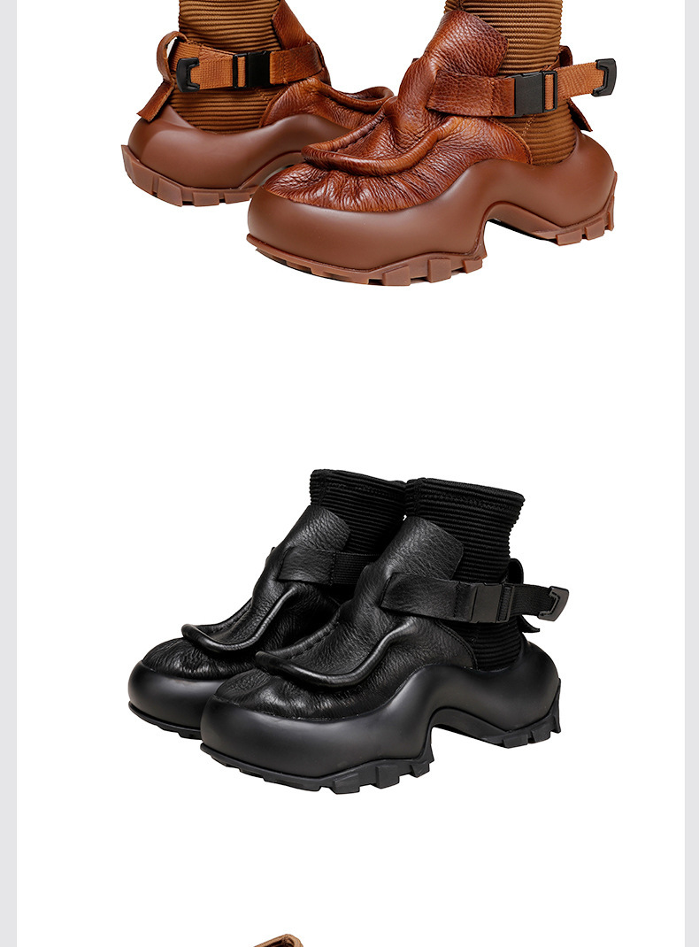 Boot Martin nữ da bò cổ ngắn đế dày gót thô — Màu đen, Màu nâu đậm