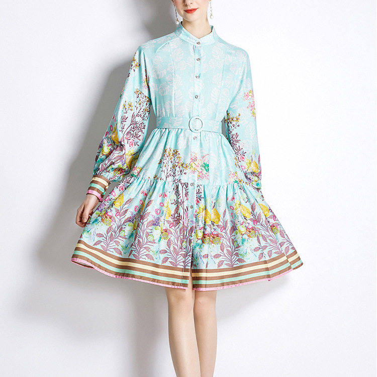 Vintage Inspired Floral Midi Dress Stand Collar Lantern Sleeves Waist Defining Elegant Style Perfect for Autumn