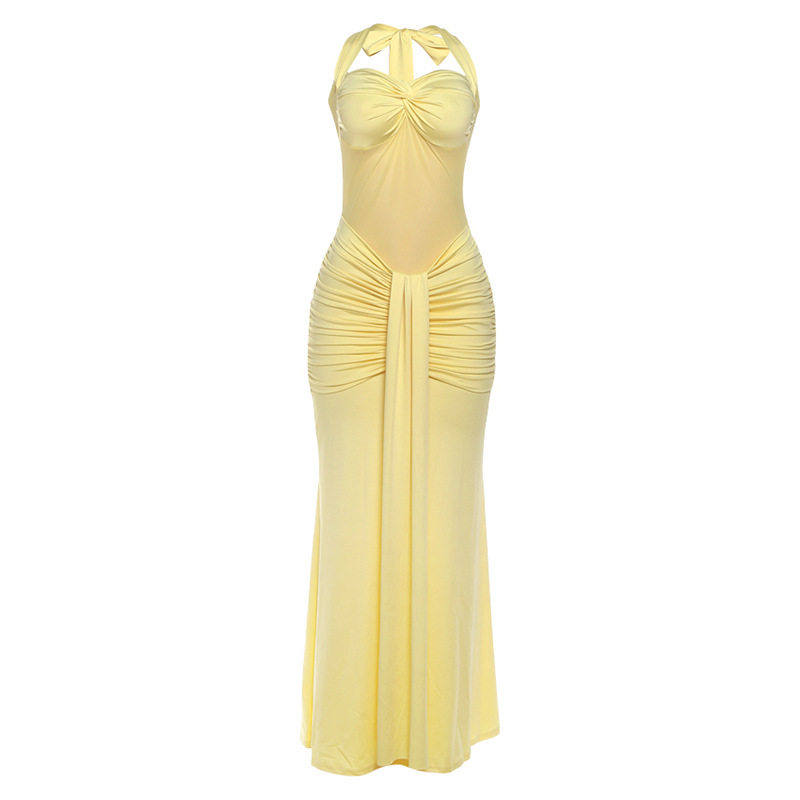 Chic Womens Maxi Dress Halter Neck Sheer Mesh Solid Color Flowing Design Perfect for Parties and Summer Events
