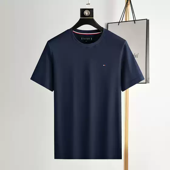 Foreign Trade Single T0MMY Tommy Men's Short-sleeved Pure Cotton Round Neck Solid Color T-shirt Summer Half-sleeved Top Joker