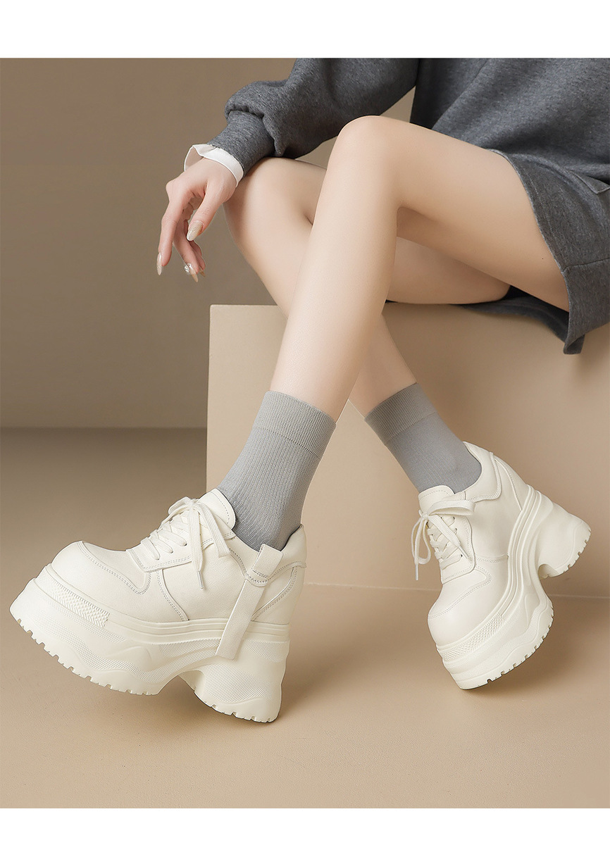 Giày sneaker nữ da bò thật đế dày tăng chiều cao 12cm dáng dad shoes buộc dây — Màu đen, Màu trắng