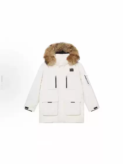 Pure Source Mlb Yankees 2 Mid-Length White Duck down Jacket with Large Fur Collar, Unisex, Thickened with down Filling and Stand Collar