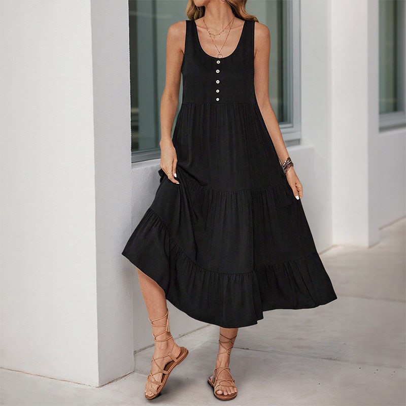 Summer Midi Dress Sleeveless Button Detail Solid Color Casual Wear for Women OEM Available