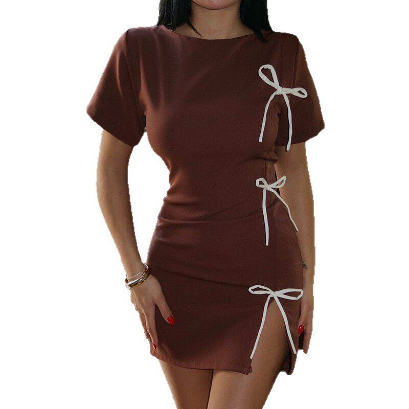 Fashionable Womens Bodycon Dress Ruffled Design Tie Waist High Neck Short Length Split Hem Perfect for Parties