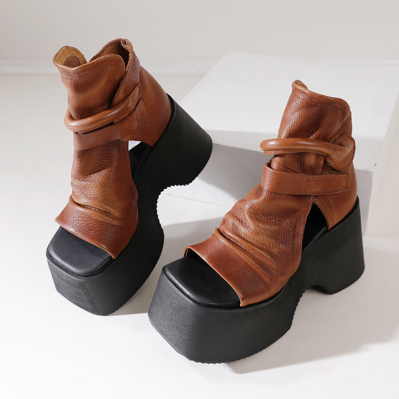 Bốt sandal nữ đế dày mũi hở cá tính phong cách cổ điển — Màu đen, Màu nâu