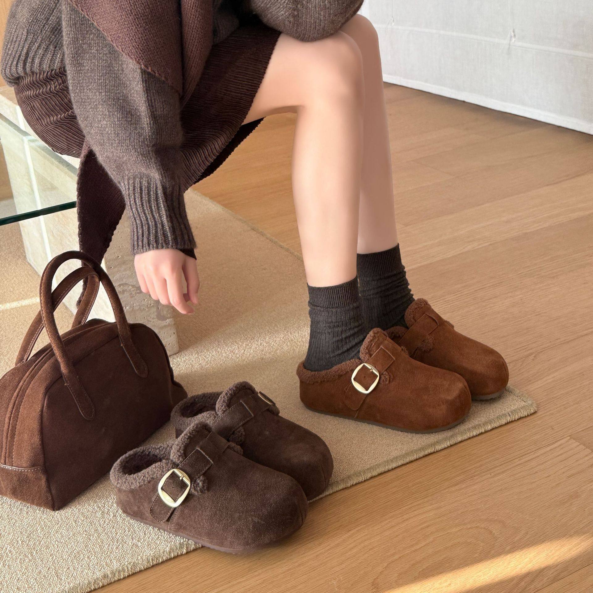 Marco&Joyce Fleece-Lined Birkenstock Shoes for Women Autumn and Winter 2025 New Women's Shoes Warm Northeastern Cotton Shoes One-Legged Beans