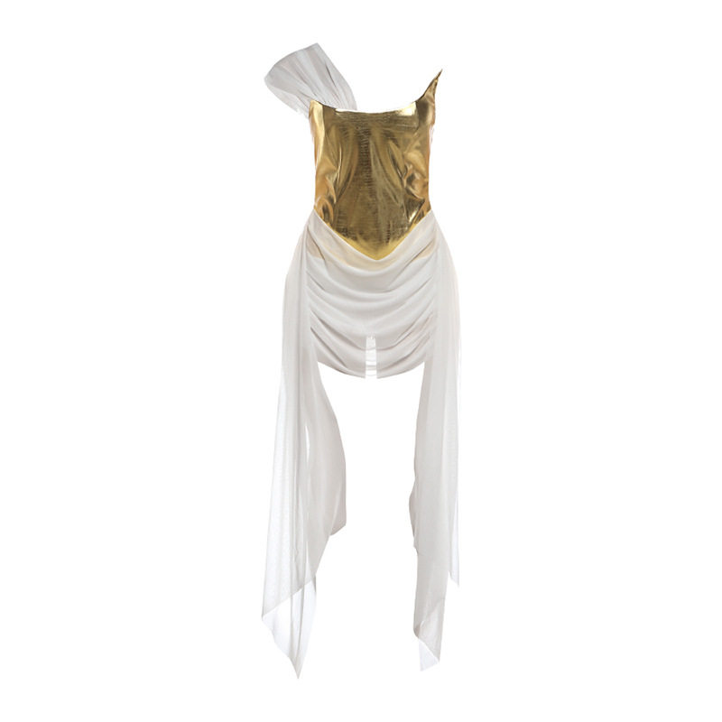 Gold Sheer Mesh Panel Dress Stylish Ribbons Sexy Fit Spring Fashion Perfect for Parties and Night Out Wholesale