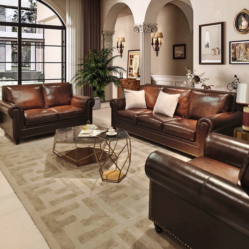 大巴顿美式沙发真皮复古意大利头层牛皮客厅2025新款棕色家具组合