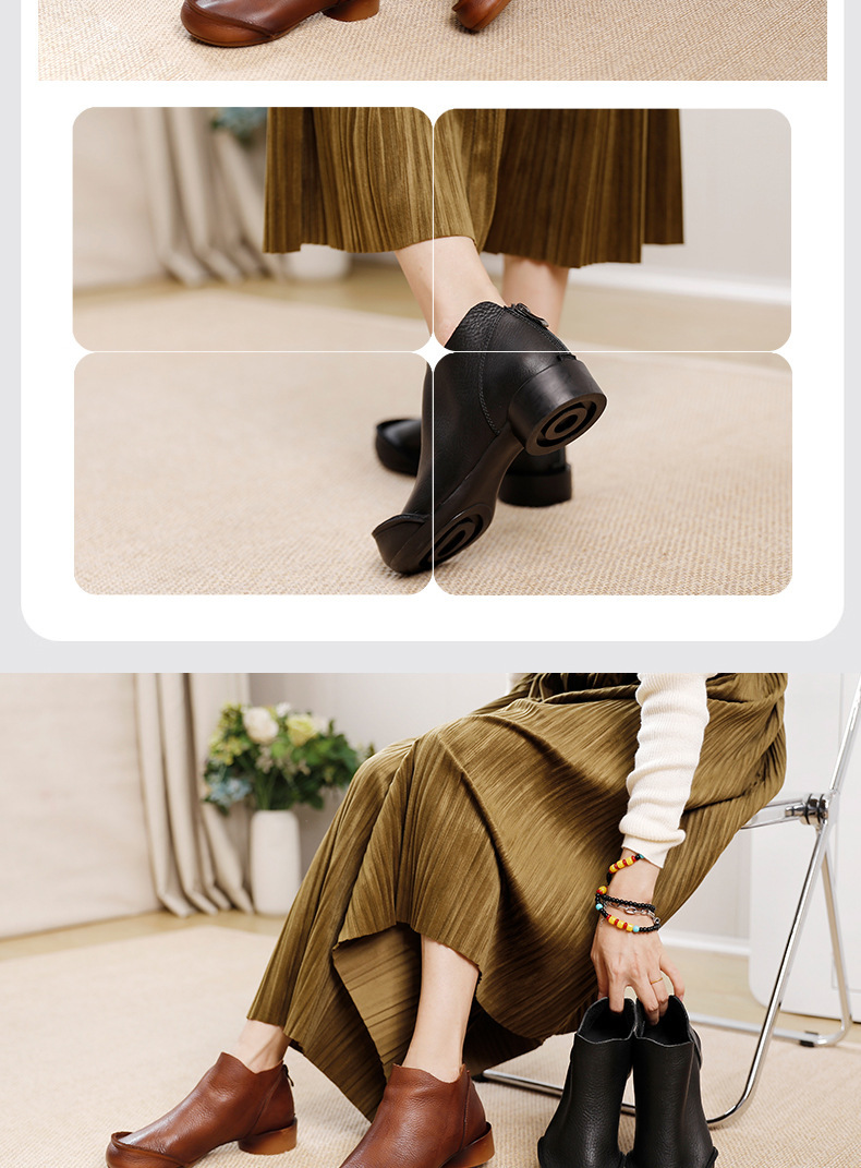Boot cổ thấp nữ da thật viền bèo gót thô đế mềm — Màu đen, Màu nâu