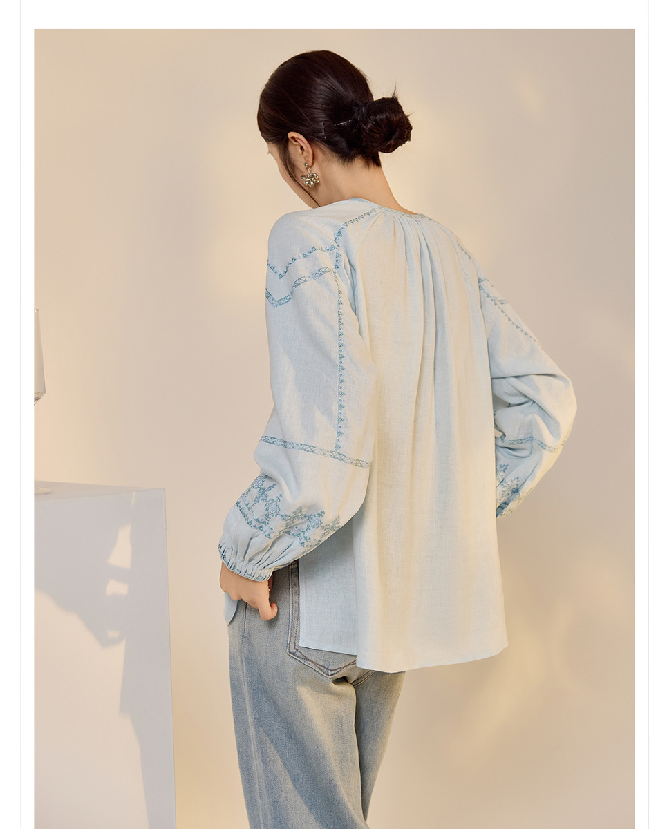 Áo sơ mi nữ linen dài tay thêu họa tiết dáng rộng — Màu trắng be, Màu xanh đậm, Màu xanh lam nhạt