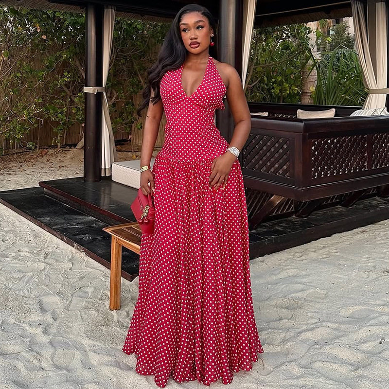 Polka Dot Watermark Backless Dress Slim Fit Halter Neck Elegant Style Summer Collection Wholesale Available