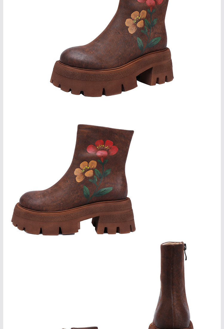 Boot nữ cổ ngắn da bò thật thêu hoa thủ công gót vuông — Màu cà phê, Màu đen