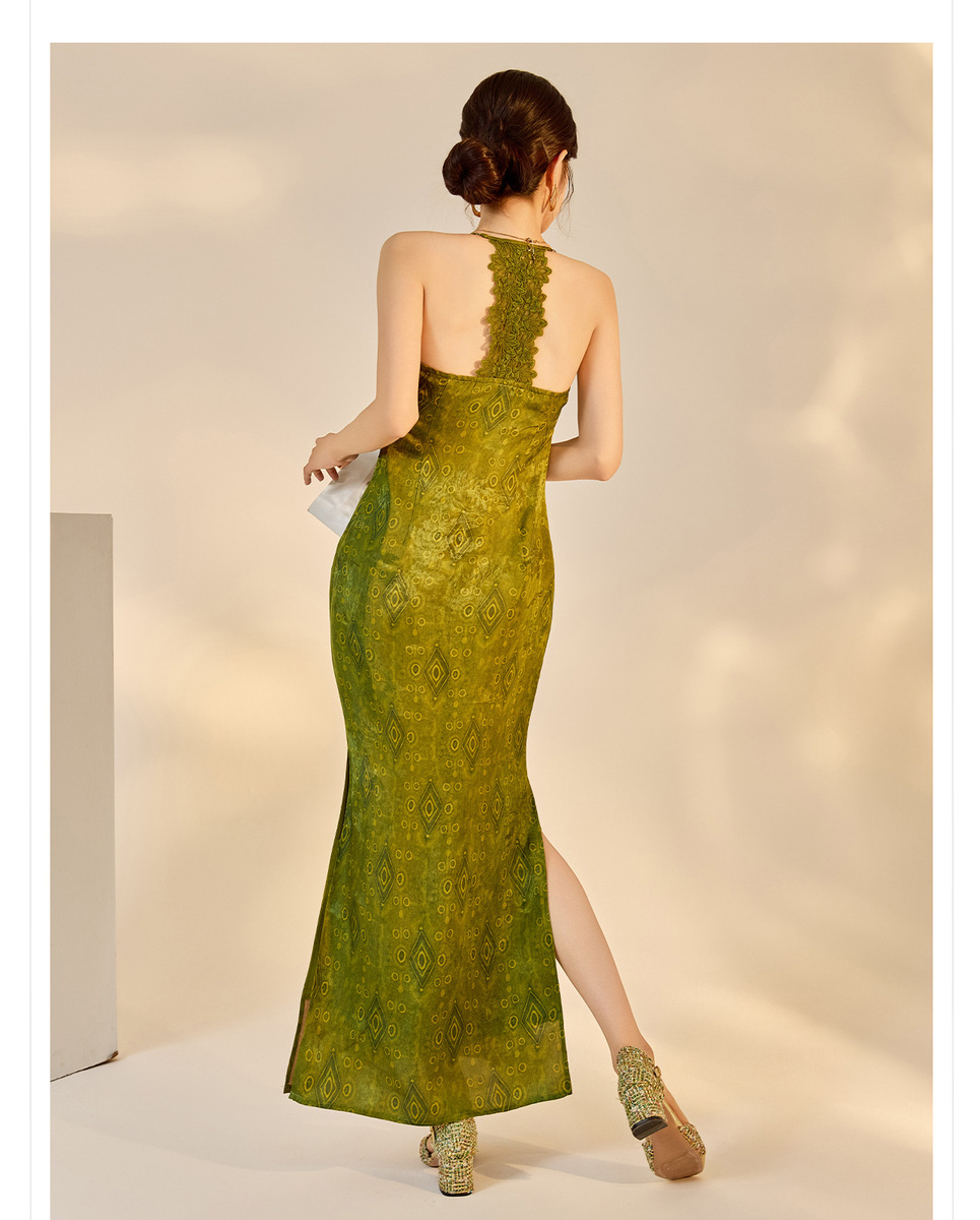 Đầm dài ren ôm body nữ cổ chữ V quyến rũ — Màu đen cao cấp, Màu trà Matcha, mơ