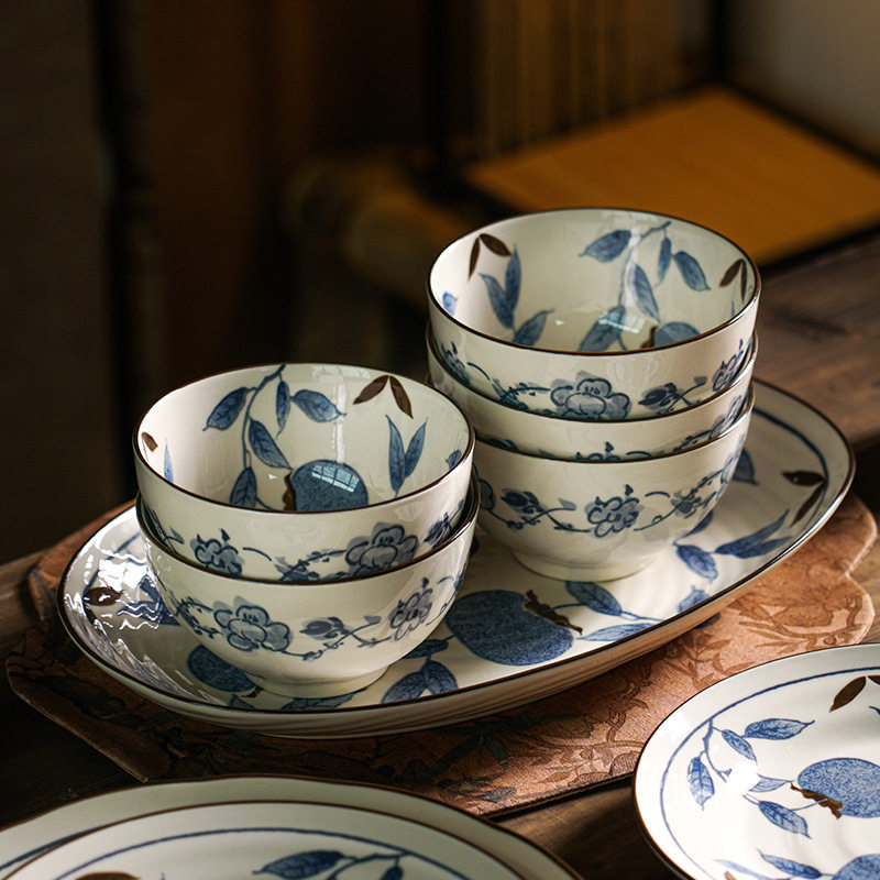 Japanese Retro Ceramic Plate Household Deep Plate Fruit Plate Breakfast Plate Blue Persimmon Persimmon Ruyi Plate Rice Bowl Tableware