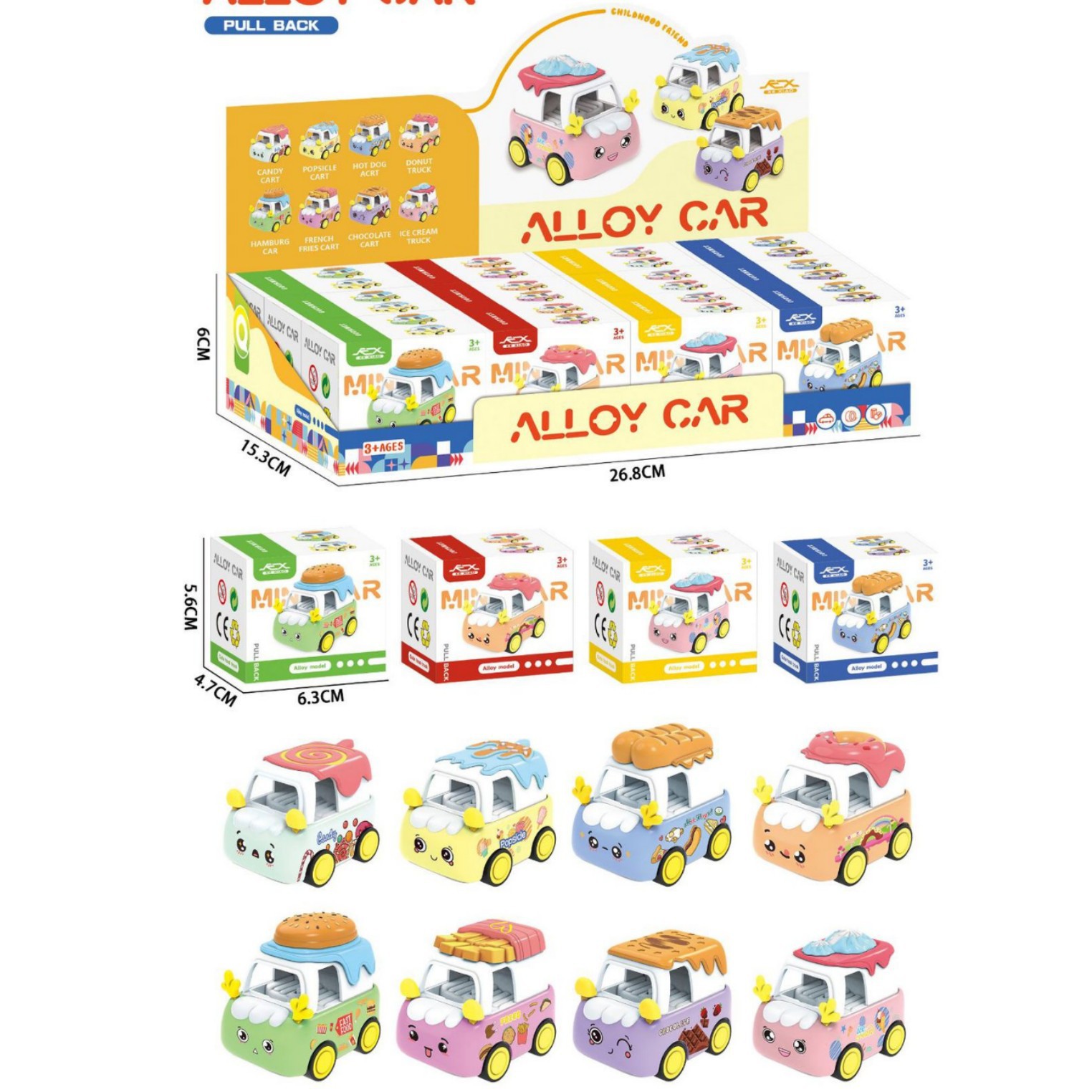 1:64合金回力卡通美食车回力合金玩具车加厚耐摔合金车仔回力车子