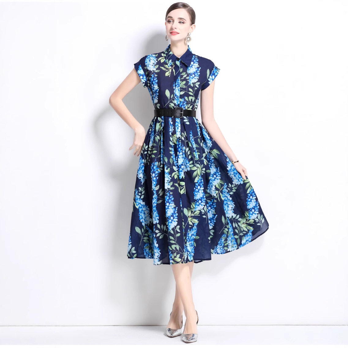 French Style Elegant Womens Dress Vintage Lapel Short Sleeve Waist Pleats Slim Fit Floral Print Perfect for