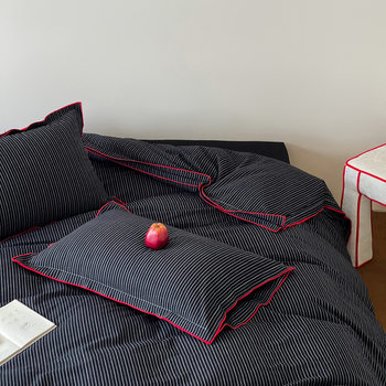 2025 New Style Pure Cotton Yarn-Dyed Washed Cotton Old Money Industrial Style Four-Piece Set 1.8m Bed Bed Sheets Four-Piece Set Black