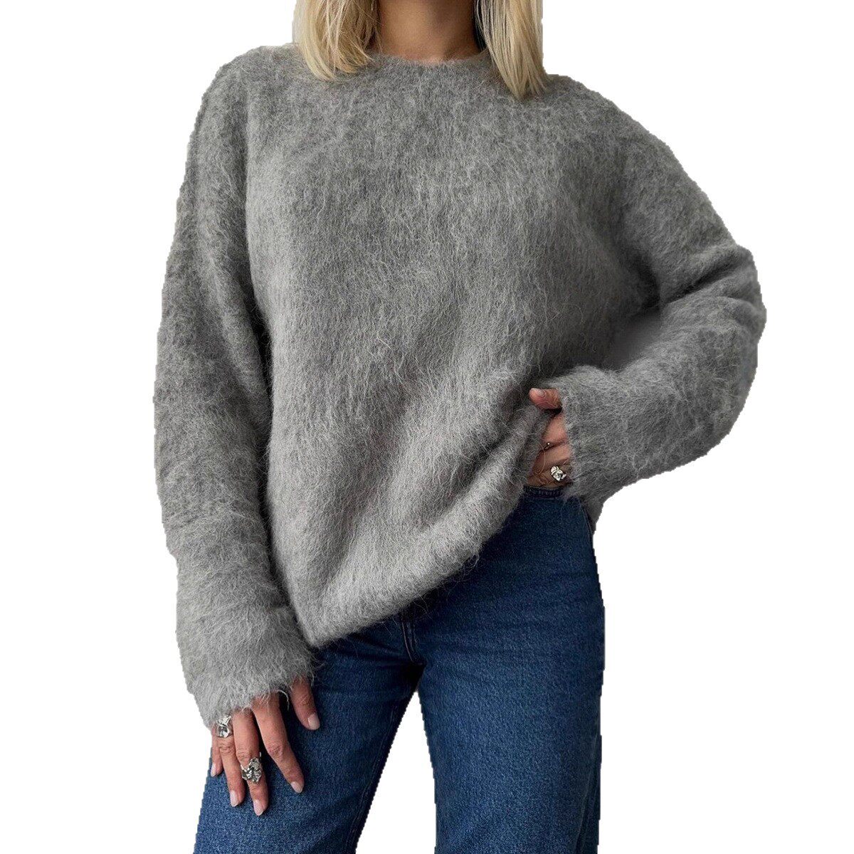 Womens Soft Knit Sweater Solid Color Round Neck Faux Mink Fabric Casual Everyday Wear Wholesale Available