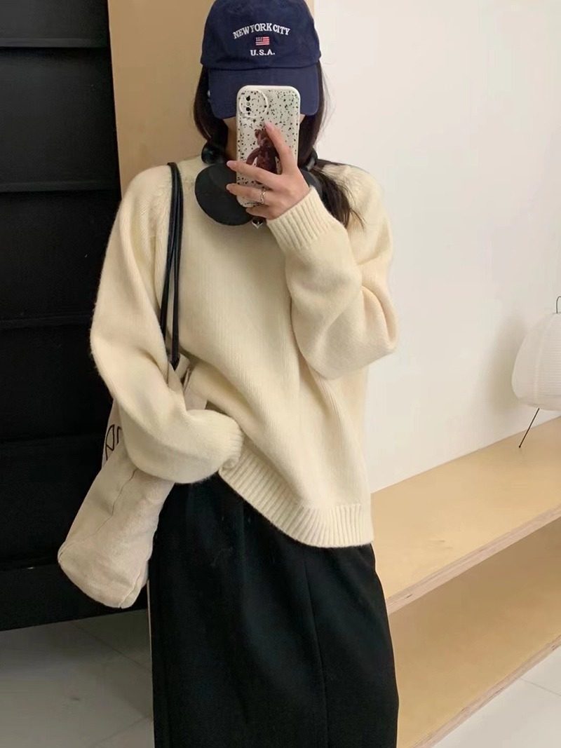 秋冬季圆领皮标糖果色套头毛衣女韩系别致内搭宽松显瘦针织衫上衣