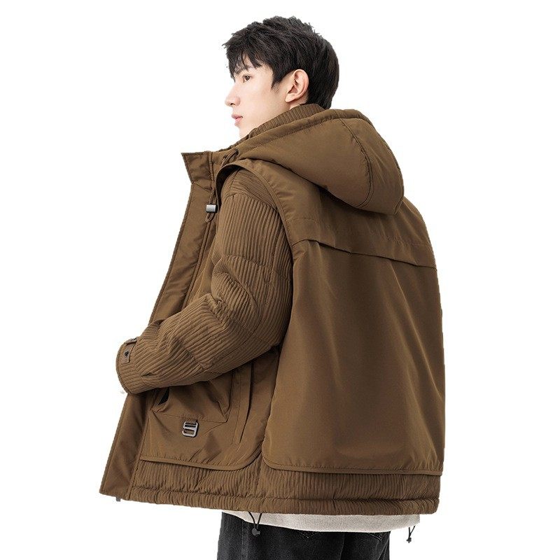 Workwear Design down Jacket Men's Winter Loose Warm Fake Two-Piece Stereo Bag 85 White Duck down Hooded down Jacket