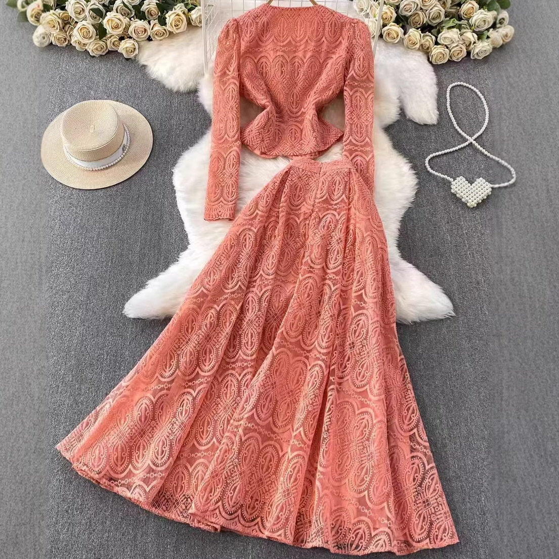 Chic Lace Two Piece Set Fitted Top with Pearl Button High Waisted Flared Skirt Autumn Office Wear Wholesale Available