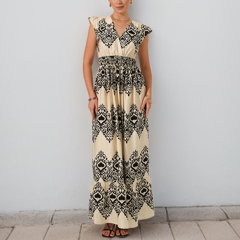 Floral Print Maxi Dress Black and White Ruffled Sleeves Ethnic Vacation Style Wholesale Available