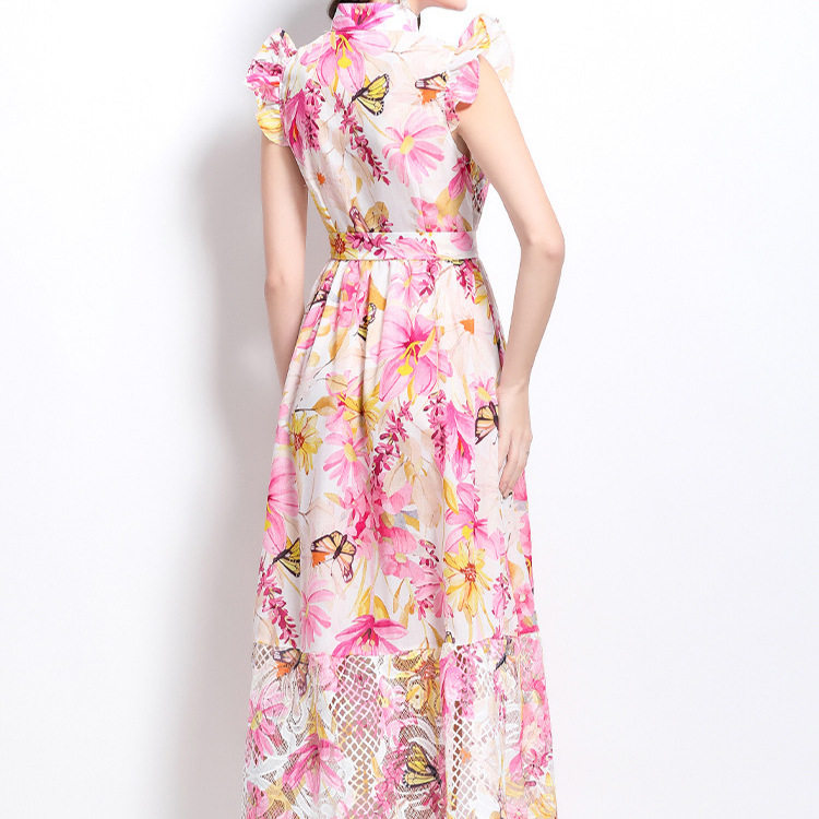 Elegant Floral Print Dress Hollow Lace Panel Flattering Waist Tie Short Flutter Sleeves Perfect for Parties and