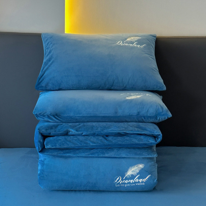 Milk Velvet Four-Piece Towel Embroidered Quilt Cover Bed Sheetss Crystal Velvet Three-Piece Set Pure Color Embroidered Bed Sheetss Bedding Home