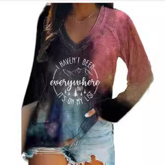 外贸跨境夏季女装简约休闲v领长袖T恤印花T恤女 独立站厂家货源