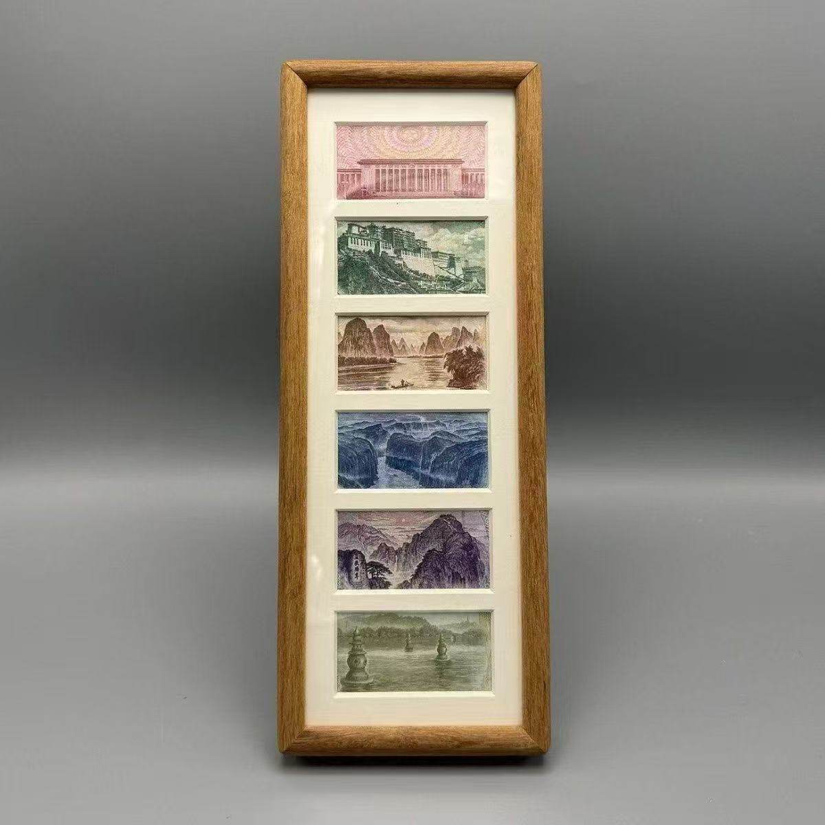 Cultural and Creative Stamps, Multi-Gold Picture Frames, Six-Frame Wooden Mortise and Tenon Calligraphy and Painting Photo Frames, Rmb Decorative Paintings