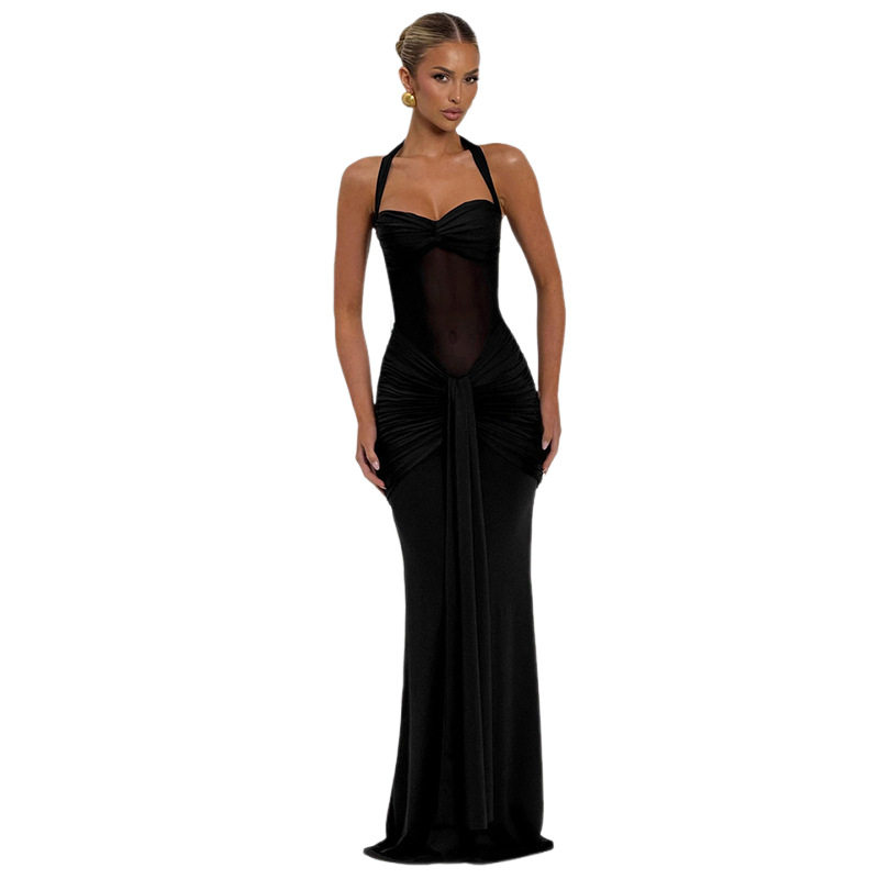 Chic Womens Maxi Dress Halter Neck Sheer Mesh Solid Color Flowing Design Perfect for Parties and Summer Events
