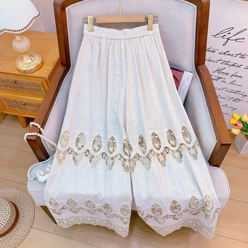 Quần ống rộng nữ cạp vừa dáng suông thêu ren tua rua — Lan đen, Màu vàng thu, Trắng tự nhiên