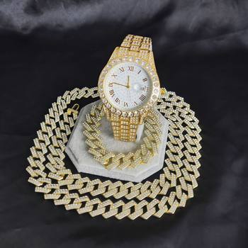 Men's Hip-Hop Cuban Chain Watch Set Hip-Hop Big Dog Chain Large Dial Roman Diamond Men's Quartz Watch