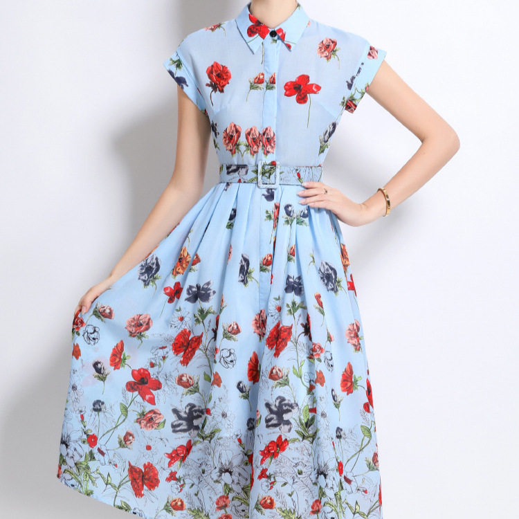 French Style Short Sleeve Polo Dress Waist Defining Flowy A Line Floral Print Summer Elegance for Women Wholesale