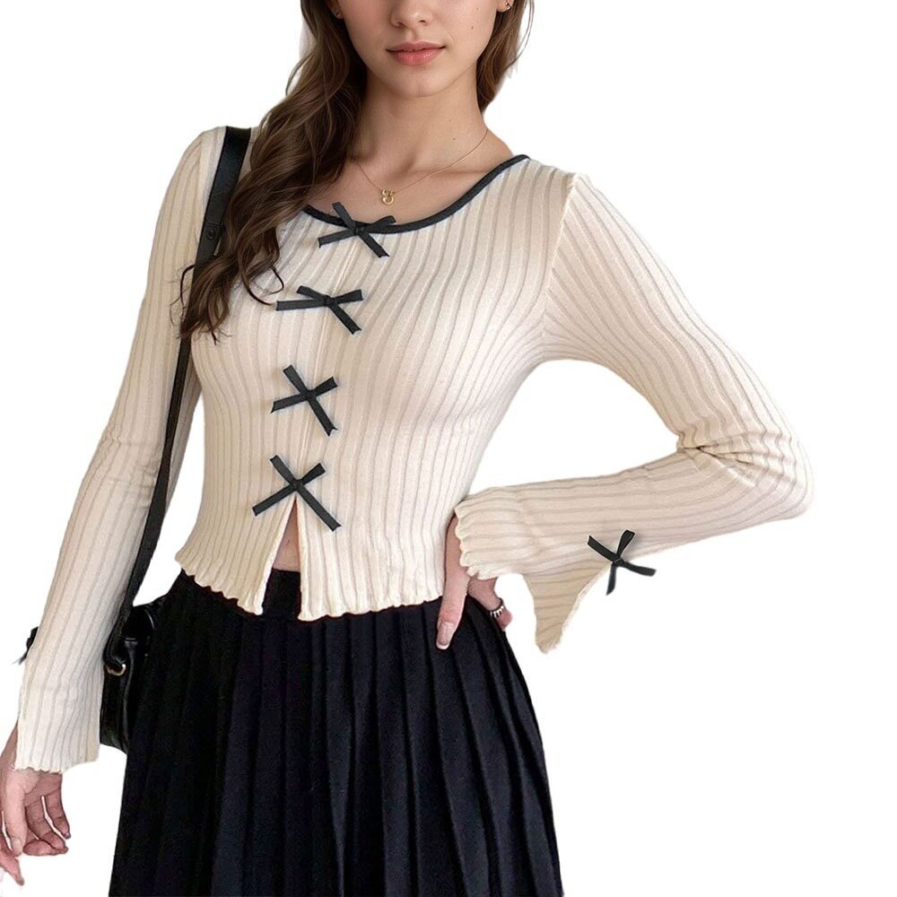 Knit Long Sleeve Top Cream Color Striped Design Bow Detail Elegant Layering for Spring and Summer Wholesale