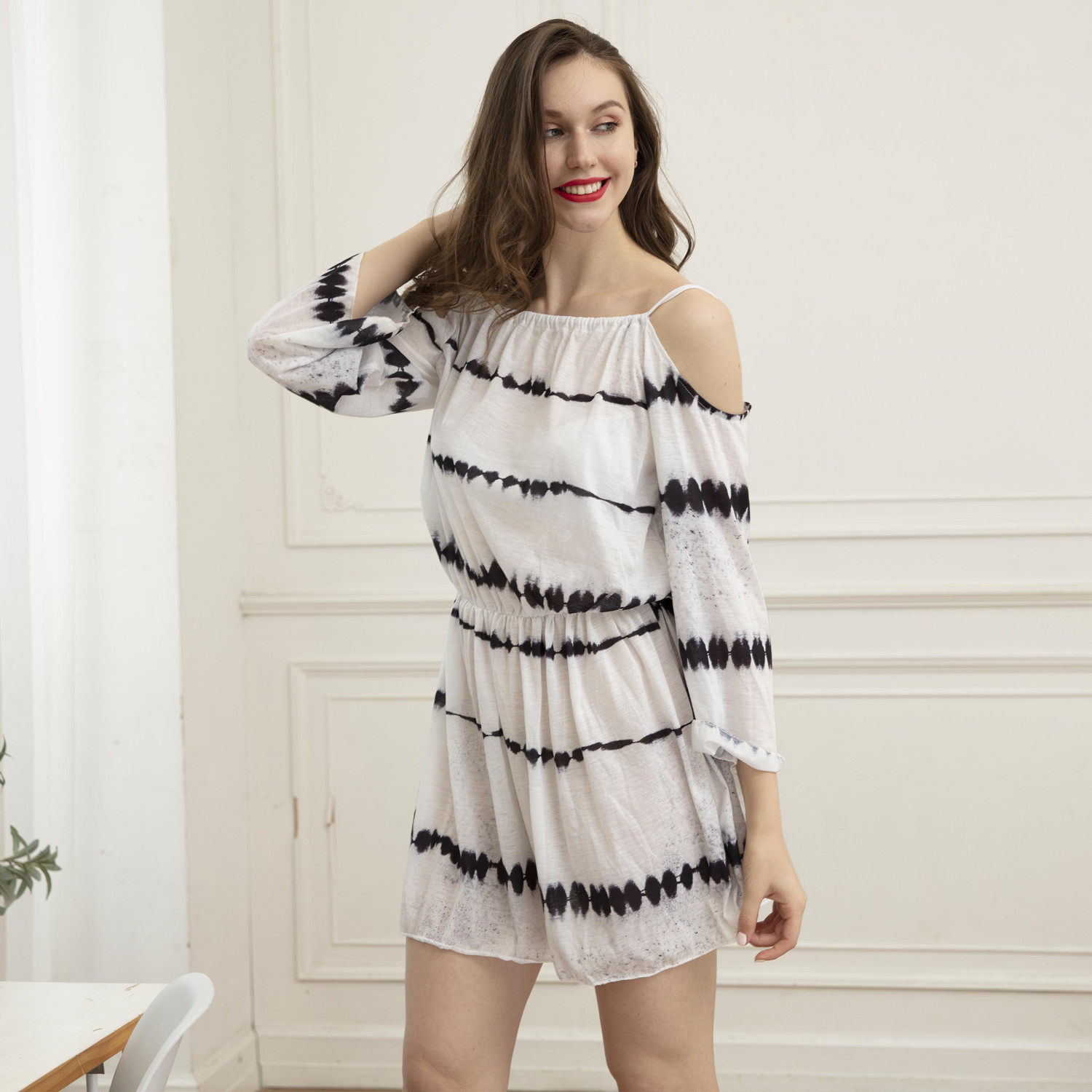 Womens Tie Dye Striped Dress Black and White Sleeveless Casual Summer Style Wholesale Available
